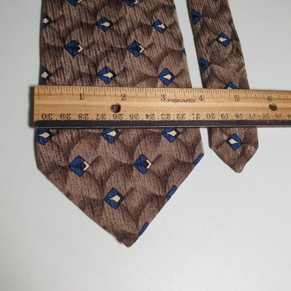 Boulevard Club Brown Blue Diamond Pattern Silk Tie Polyester Men Accessory Gift - Picture 3 of 5